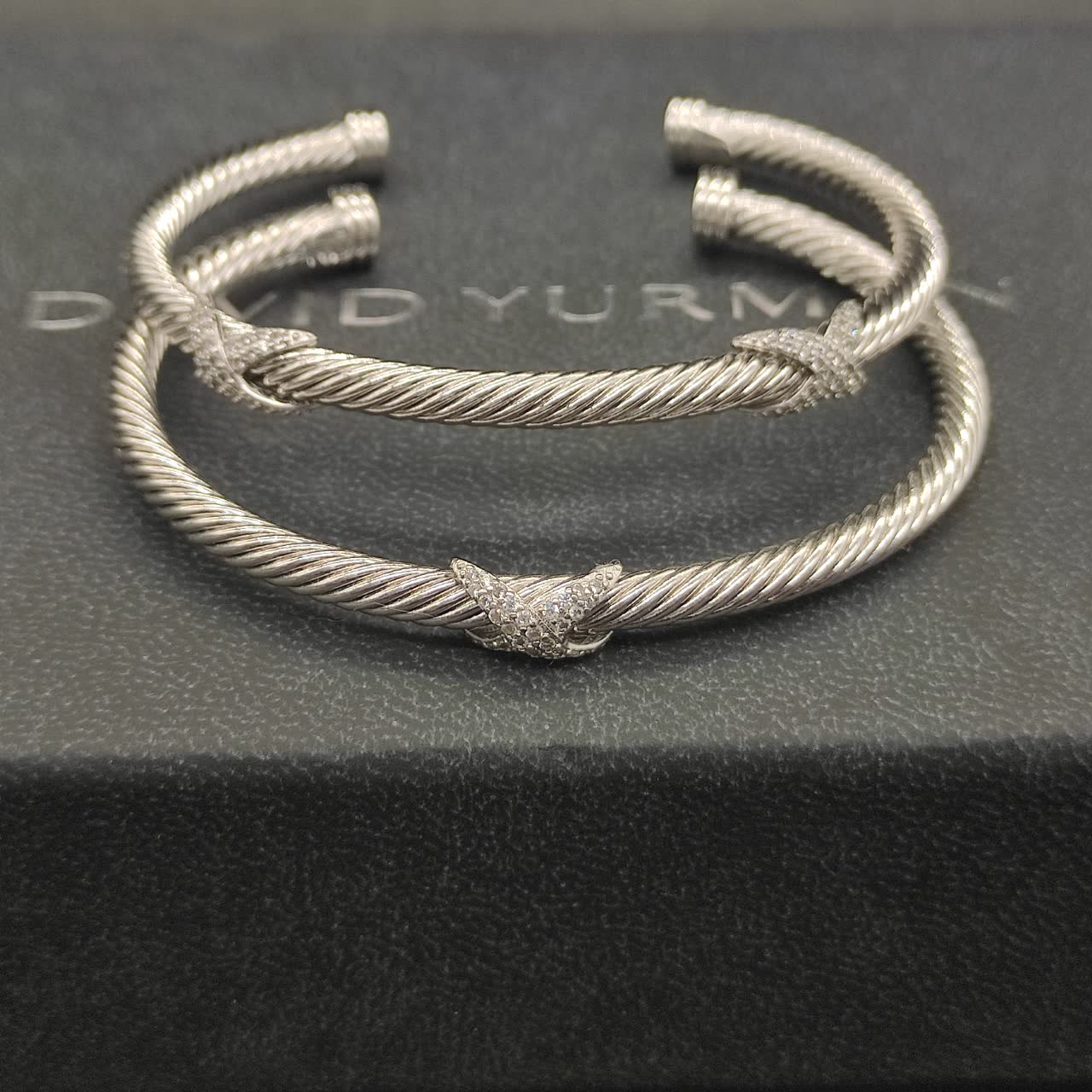 David Yurman Silver Twisted Wire Bracelet with Diamond Accents